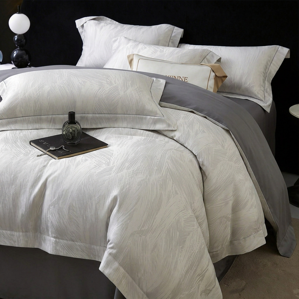 91家纺网 家纺一手货源 找家纺 悦织湾家纺 2026新款水洗冰丝贡缎提花亲肤四件套春夏凉爽床上用品四件套 银羽清辉