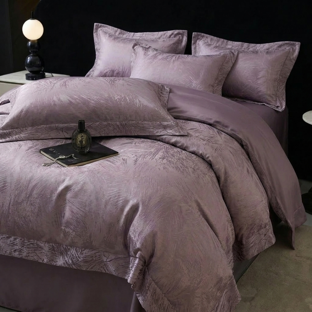 91家纺网 家纺一手货源 找家纺 悦织湾家纺 2026新款水洗冰丝贡缎提花亲肤四件套春夏凉爽床上用品四件套 紫雾羽痕