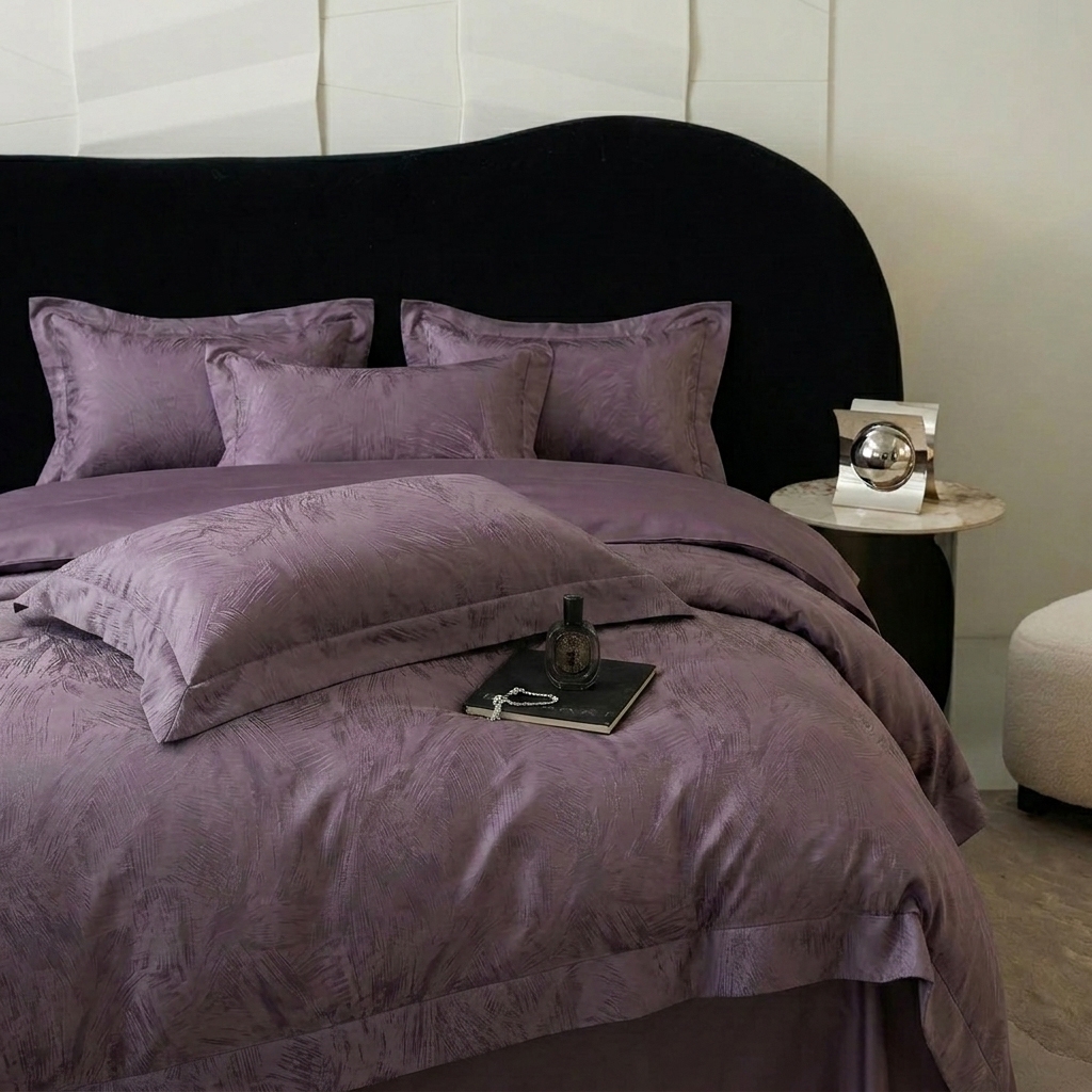 91家纺网 家纺一手货源 找家纺 悦织湾家纺 2026新款水洗冰丝贡缎提花亲肤四件套春夏凉爽床上用品四件套 紫雾羽痕