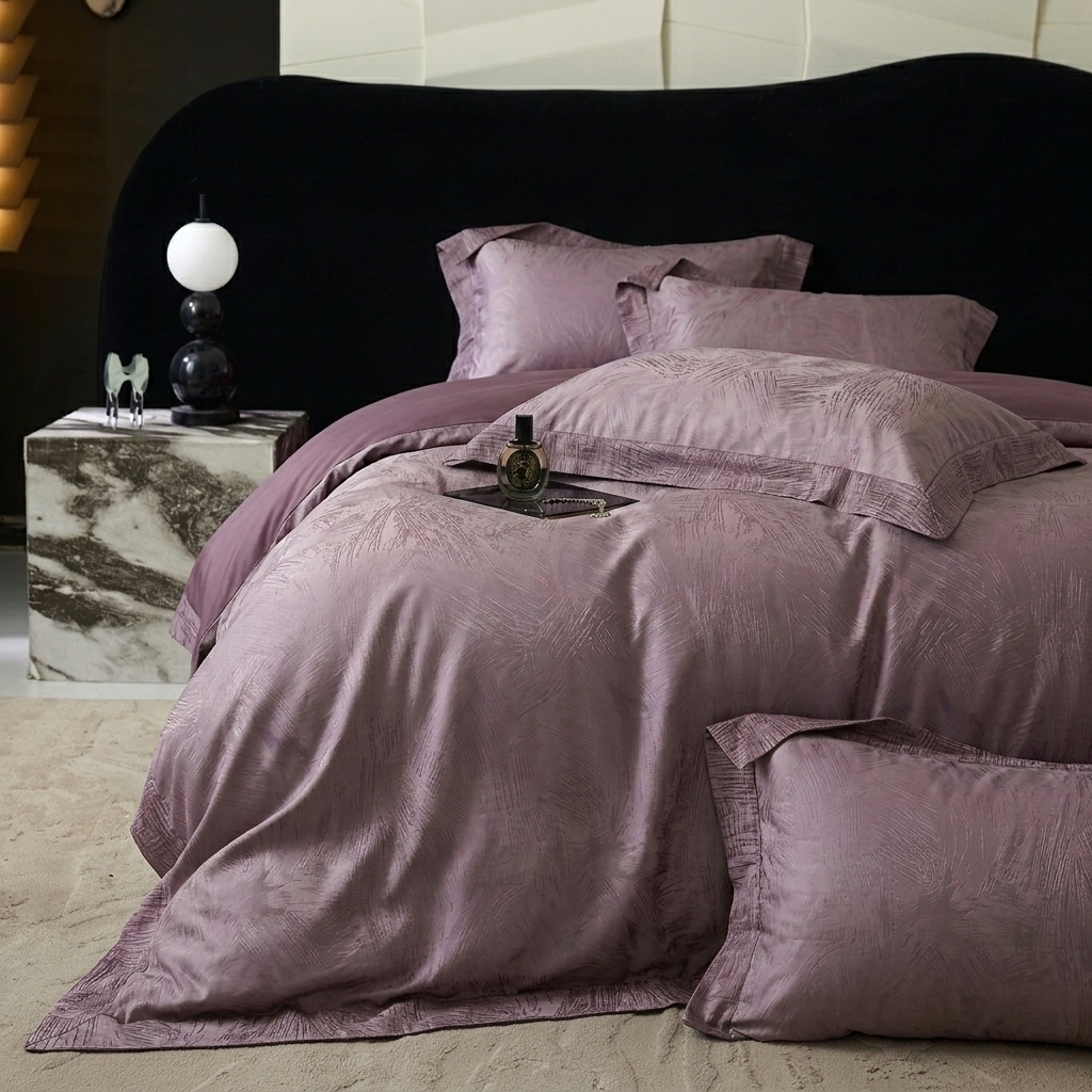 91家纺网 家纺一手货源 找家纺 悦织湾家纺 2026新款水洗冰丝贡缎提花亲肤四件套春夏凉爽床上用品四件套 紫雾羽痕