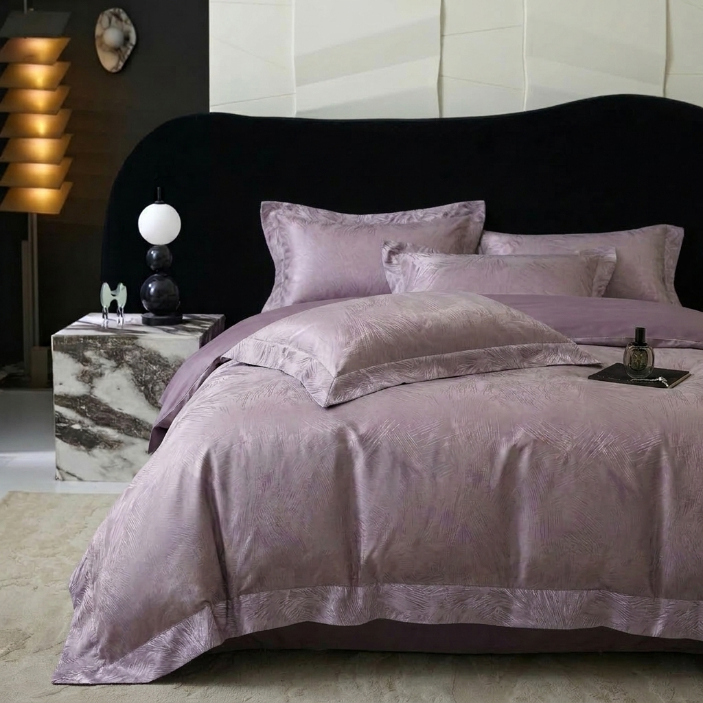 91家纺网 家纺一手货源 找家纺 悦织湾家纺 2026新款水洗冰丝贡缎提花亲肤四件套春夏凉爽床上用品四件套 紫雾羽痕