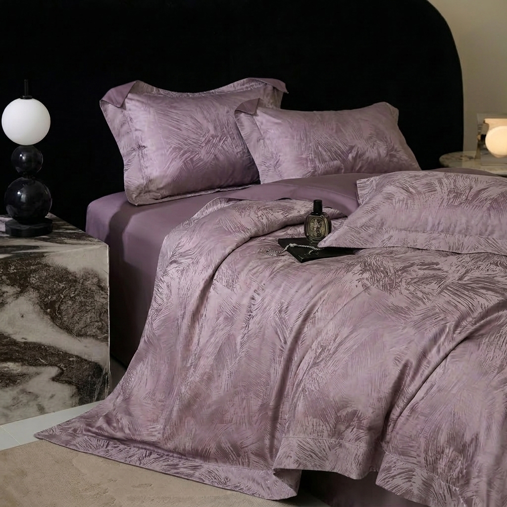 91家纺网 家纺一手货源 找家纺 悦织湾家纺 2026新款水洗冰丝贡缎提花亲肤四件套春夏凉爽床上用品四件套 紫雾羽痕
