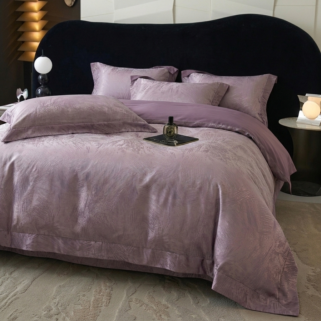 91家纺网 家纺一手货源 找家纺 悦织湾家纺 2026新款水洗冰丝贡缎提花亲肤四件套春夏凉爽床上用品四件套 紫雾羽痕