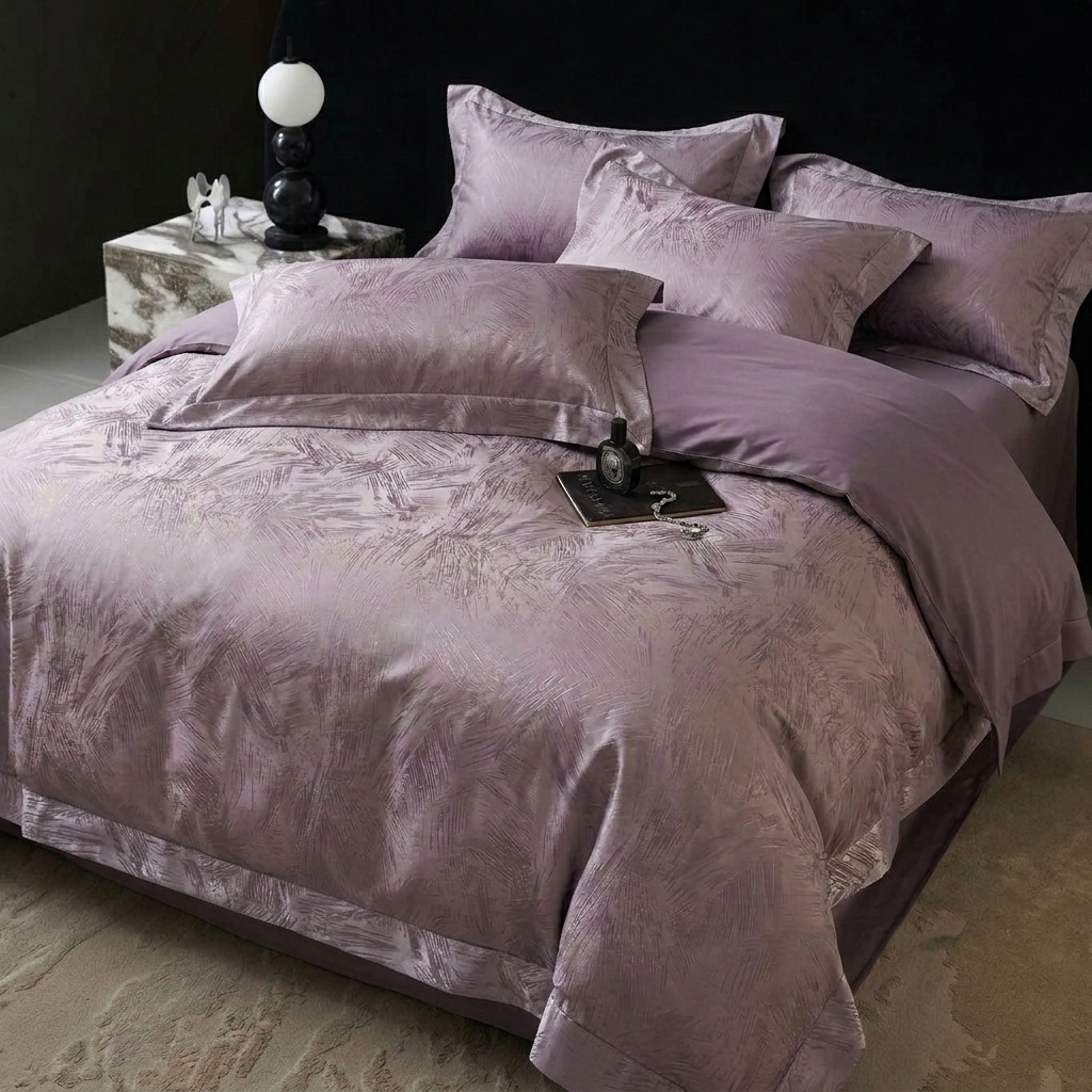 91家纺网 家纺一手货源 找家纺 悦织湾家纺 2026新款水洗冰丝贡缎提花亲肤四件套春夏凉爽床上用品四件套 紫雾羽痕
