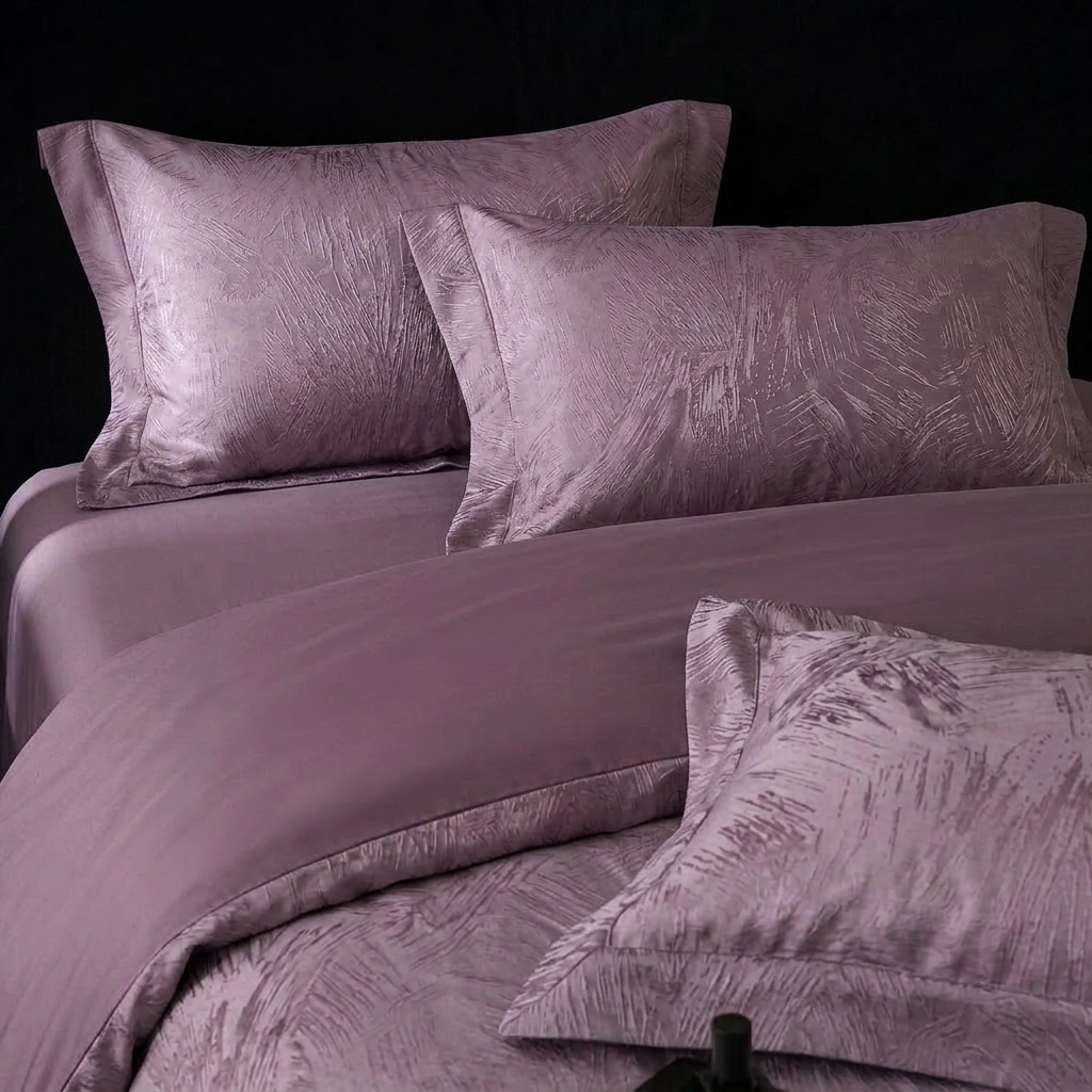 91家纺网 家纺一手货源 找家纺 悦织湾家纺 2026新款水洗冰丝贡缎提花亲肤四件套春夏凉爽床上用品四件套 紫雾羽痕
