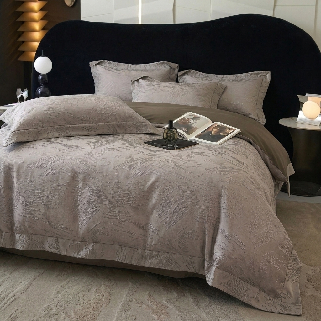 91家纺网 家纺一手货源 找家纺 悦织湾家纺 2026新款水洗冰丝贡缎提花亲肤四件套春夏凉爽床上用品四件套 棕羽鎏金