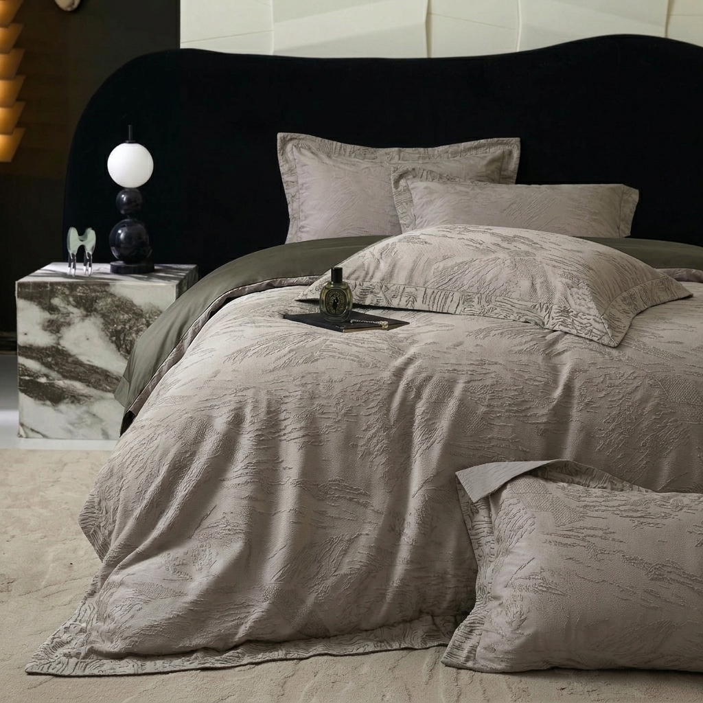 91家纺网 家纺一手货源 找家纺 悦织湾家纺 2026新款水洗冰丝贡缎提花亲肤四件套春夏凉爽床上用品四件套 棕羽鎏金