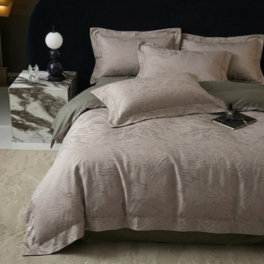 91家纺网 家纺一手货源 找家纺 悦织湾家纺 2026新款水洗冰丝贡缎提花亲肤四件套春夏凉爽床上用品四件套 棕羽鎏金