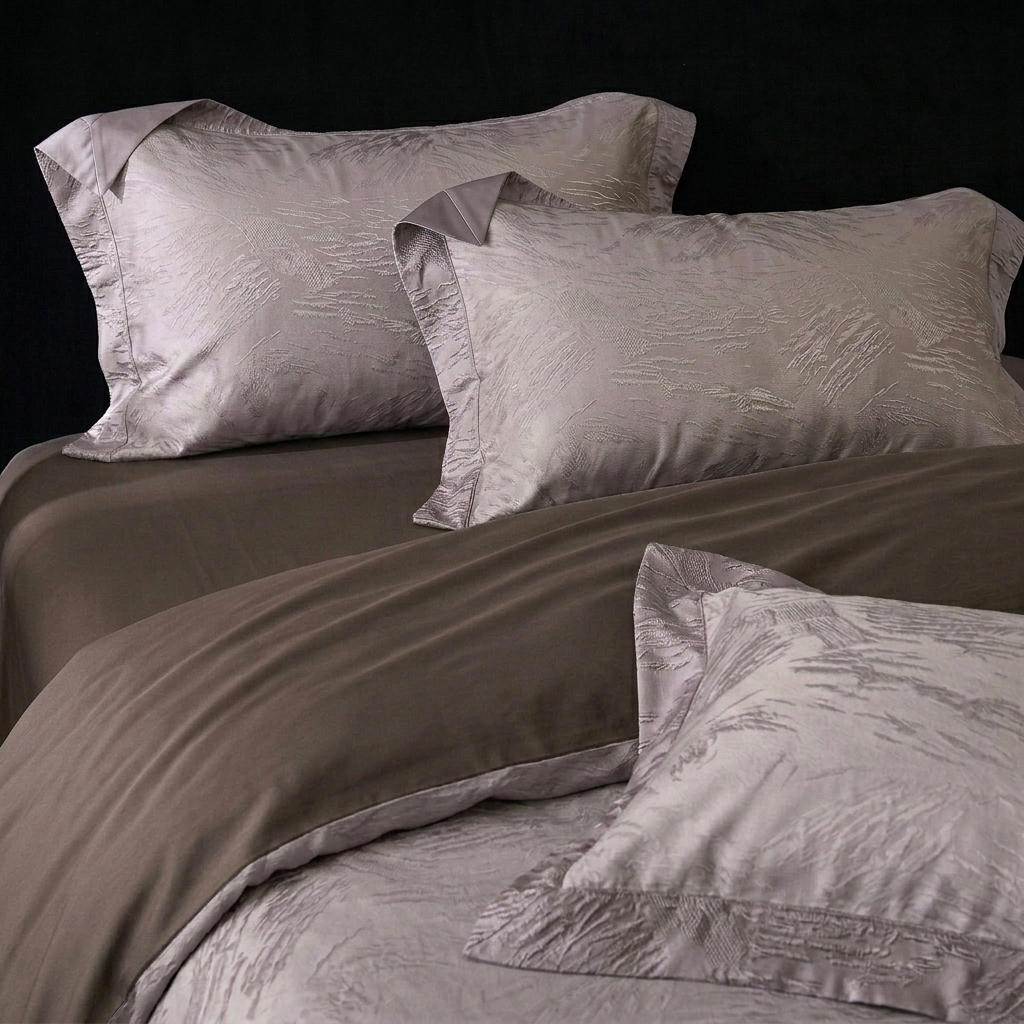91家纺网 家纺一手货源 找家纺 悦织湾家纺 2026新款水洗冰丝贡缎提花亲肤四件套春夏凉爽床上用品四件套 棕羽鎏金