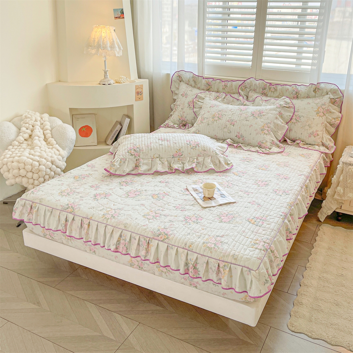 91家纺网 家纺一手货源 找家纺 （总）宜凡家纺 2026新款全棉夹棉花边床笠三件套