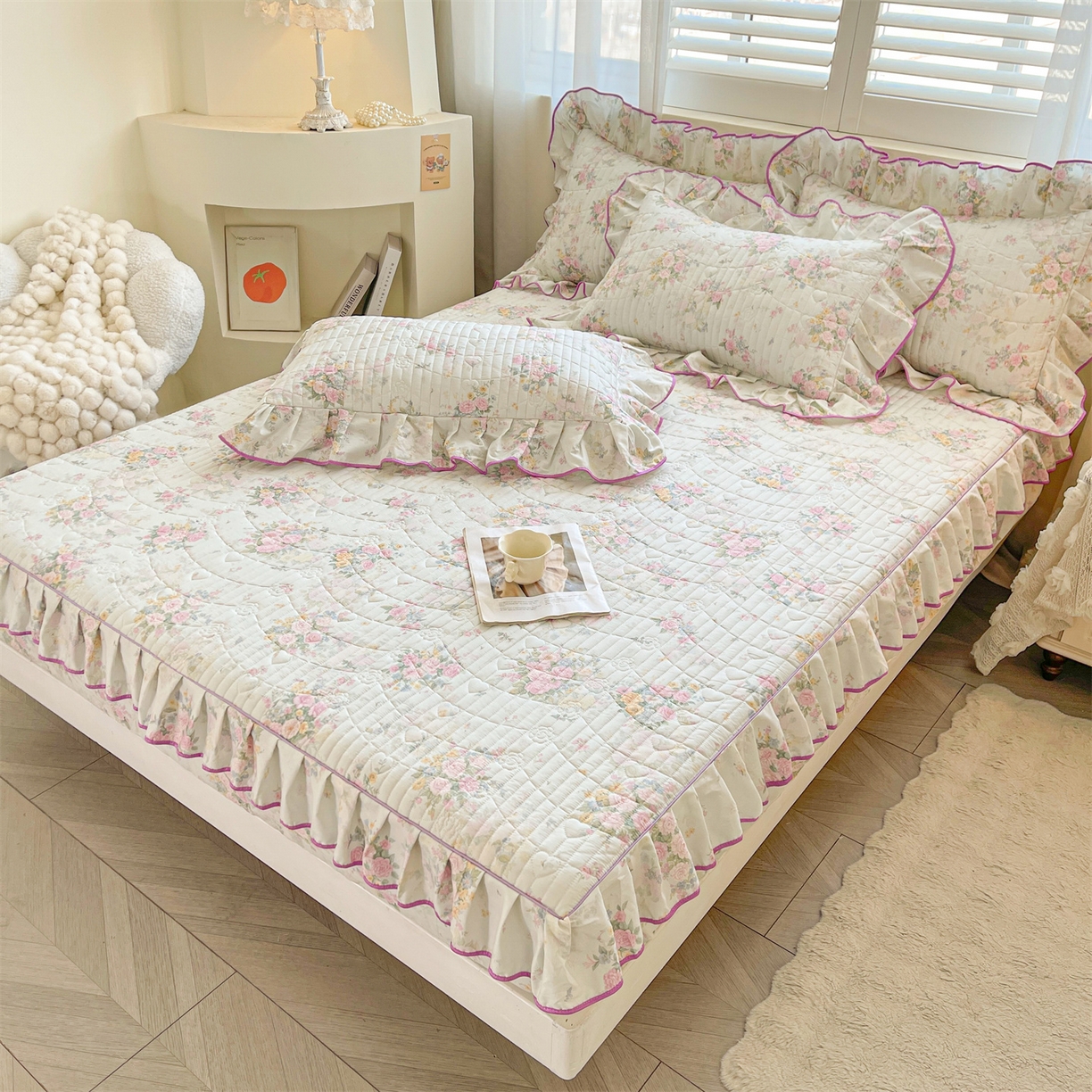 91家纺网 家纺一手货源 找家纺 （总）宜凡家纺 2026新款全棉夹棉花边床笠三件套