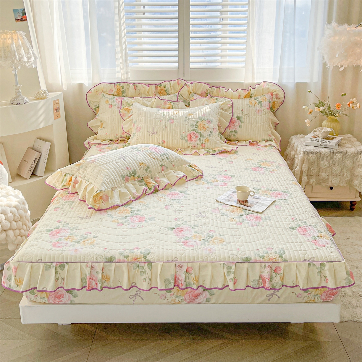 91家纺网 家纺一手货源 找家纺 （总）宜凡家纺 2026新款全棉夹棉花边床笠三件套