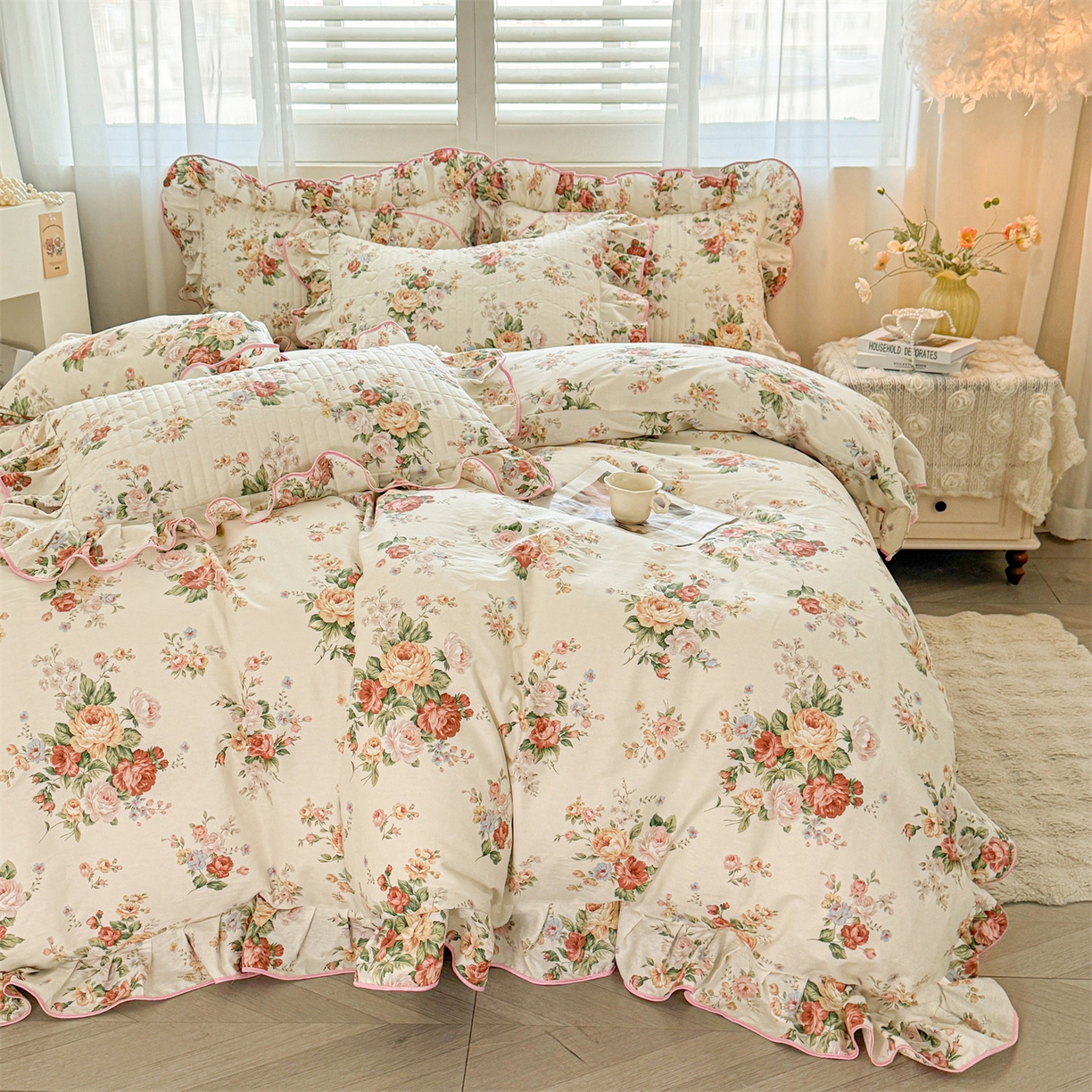 91家纺网 家纺一手货源 找家纺 宜凡家纺 2026新款全棉夹棉花边床笠三件套 洛川花海