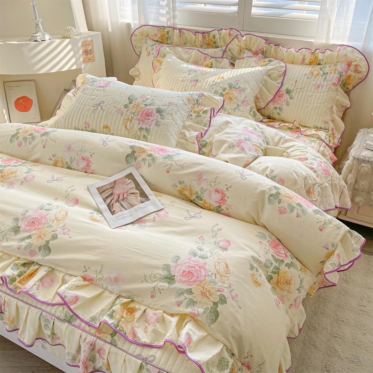 91家纺网 家纺一手货源 找家纺 宜凡家纺 2026新款全棉夹棉花边床笠三件套 沐颜月朵