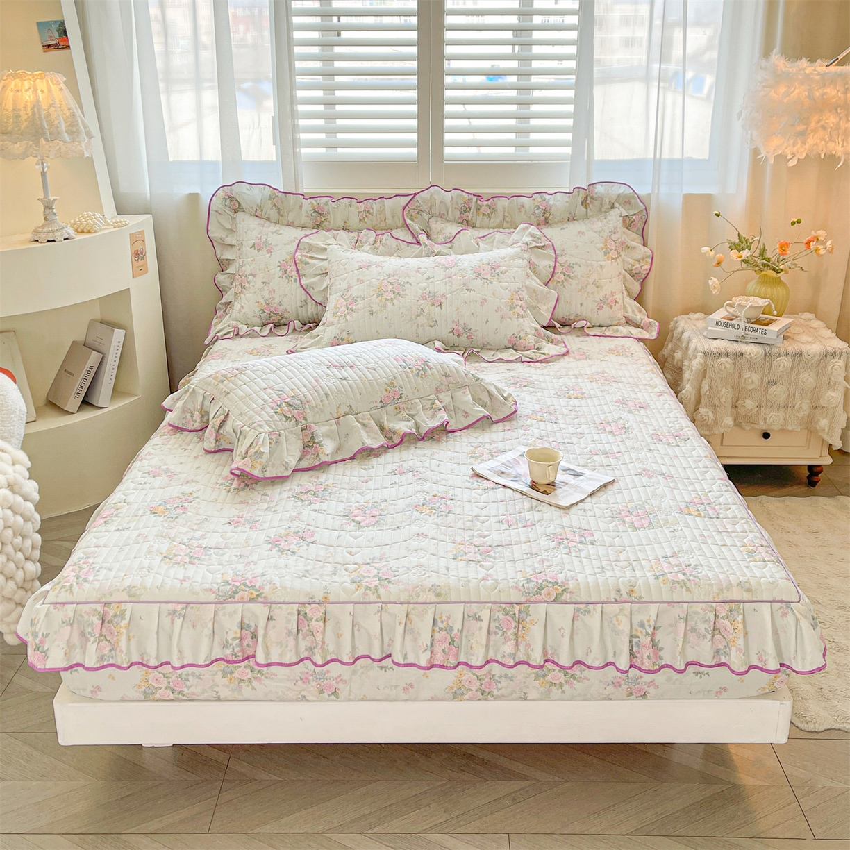 91家纺网 家纺一手货源 找家纺 （总）宜凡家纺 2026新款全棉夹棉花边床笠四件套