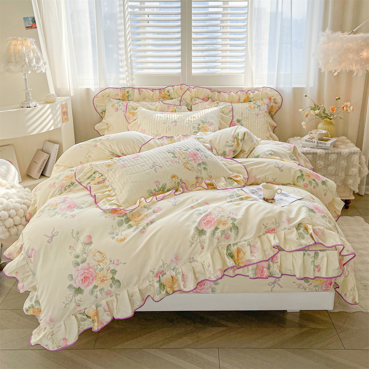 91家纺网 家纺一手货源 找家纺 宜凡家纺 2026新款全棉夹棉花边床笠四件套 沐颜月朵