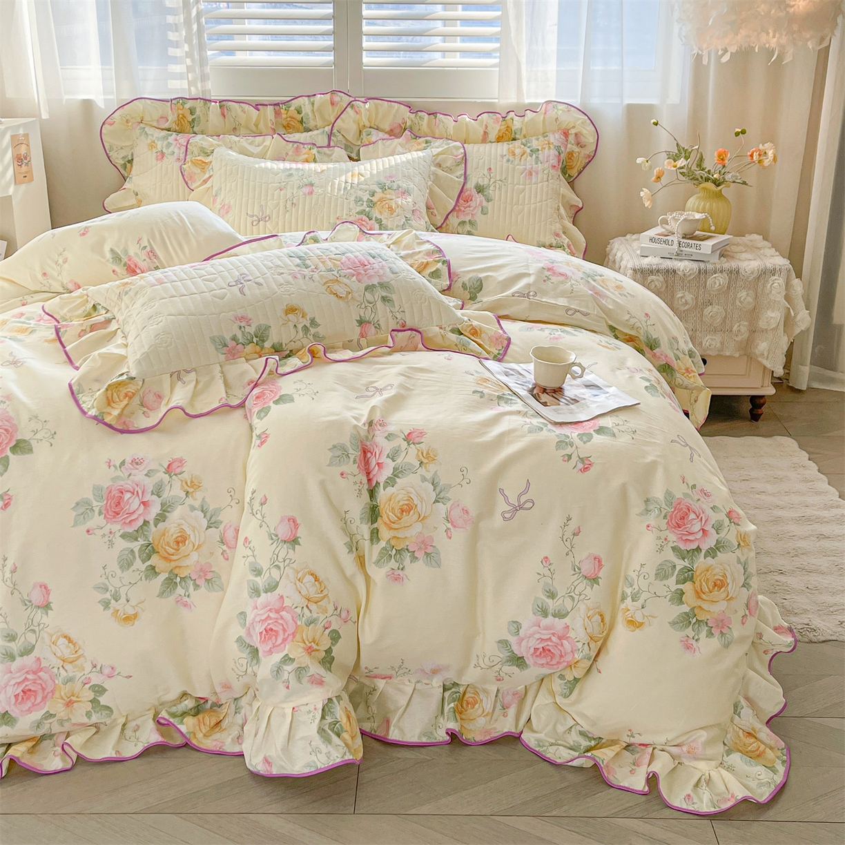 91家纺网 家纺一手货源 找家纺 宜凡家纺 2026新款全棉夹棉花边床笠四件套 沐颜月朵