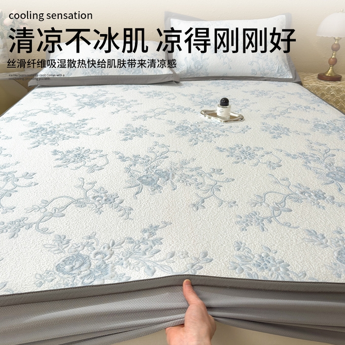 91家纺网 家纺一手货源 找家纺 雅诗帛 2026新款夏天冰丝A类母婴级凉感值过0.21冰豆豆家用凉席子夏季-思琳娜 床笠款-思琳娜-天空蓝