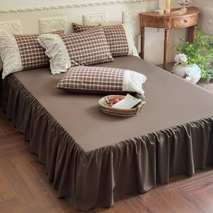 91家纺网 家纺一手货源 找家纺 花香四季家纺 2026新款法式全棉色织花边床裙款纯棉水洗棉四件套-法式庄园 法式庄园-复古咖