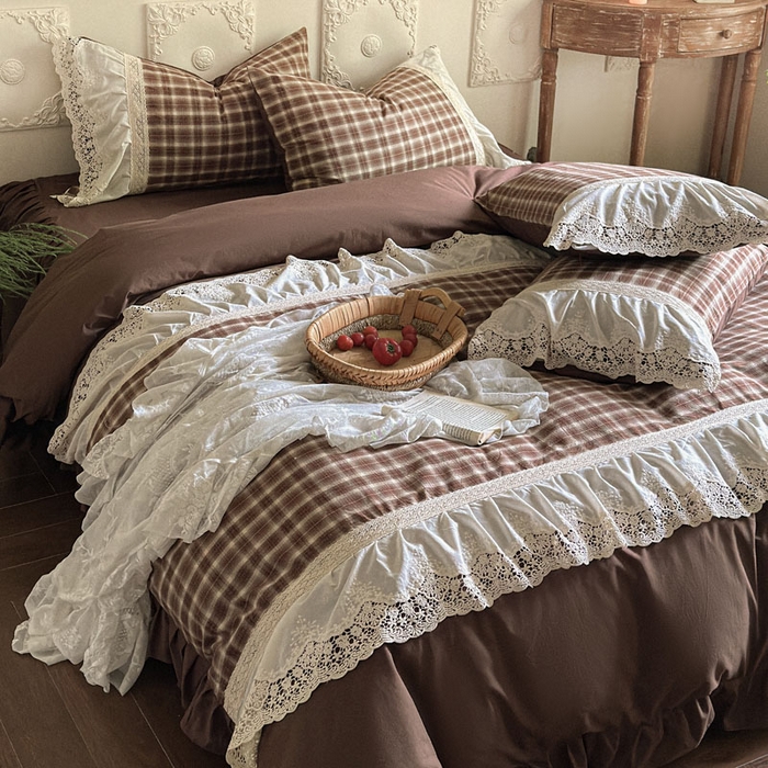 91家纺网 家纺一手货源 找家纺 花香四季家纺 2026新款法式全棉色织花边床裙款纯棉水洗棉四件套-法式庄园 法式庄园-复古咖