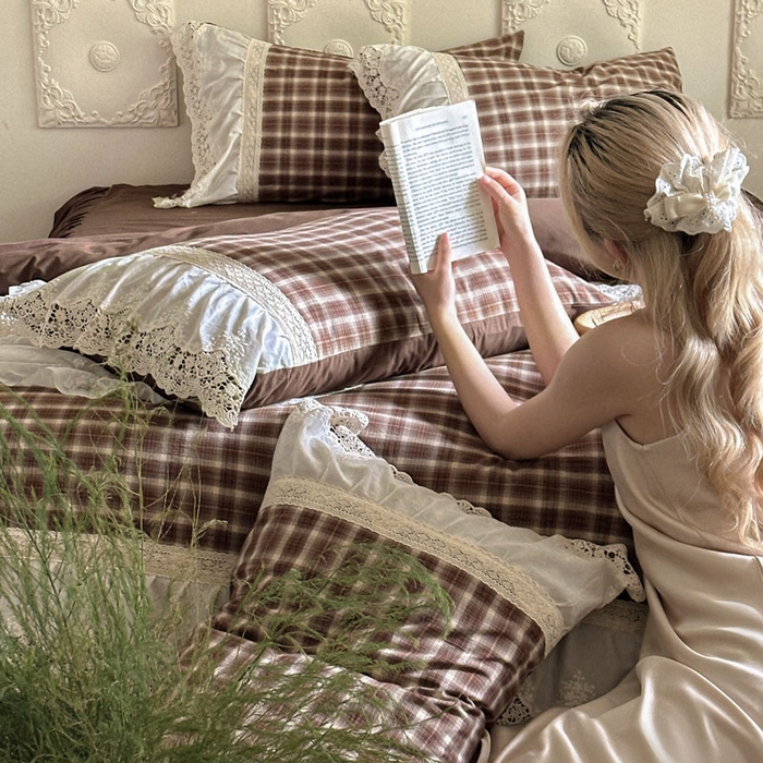 91家纺网 家纺一手货源 找家纺 花香四季家纺 2026新款法式全棉色织花边床裙款纯棉水洗棉四件套-法式庄园 法式庄园-复古咖