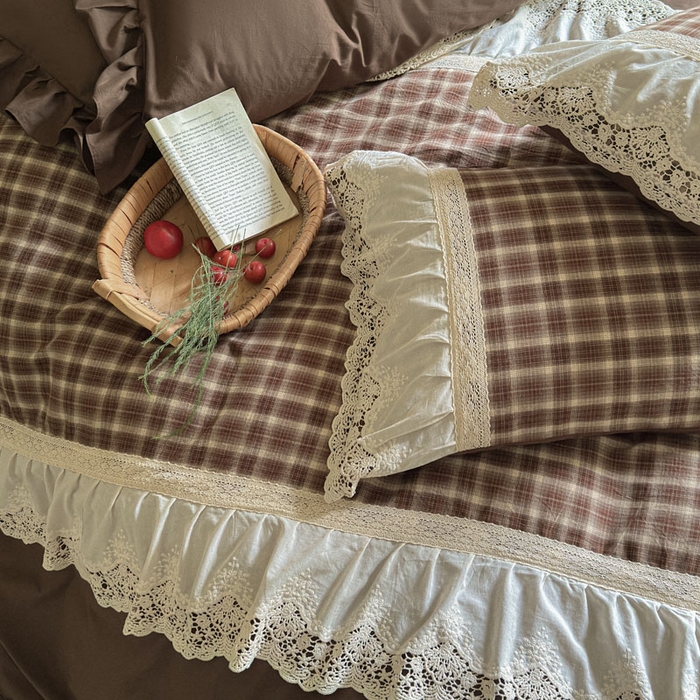 91家纺网 家纺一手货源 找家纺 花香四季家纺 2026新款法式全棉色织花边床裙款纯棉水洗棉四件套-法式庄园 法式庄园-复古咖