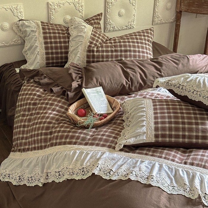 91家纺网 家纺一手货源 找家纺 花香四季家纺 2026新款法式全棉色织花边床裙款纯棉水洗棉四件套-法式庄园 法式庄园-复古咖