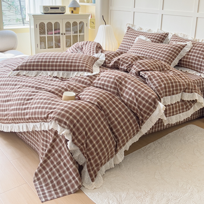 91家纺网 家纺一手货源 找家纺 （总）花香四季家纺 2026全棉色织水洗棉法式公主风花边床单款床笠款四件套