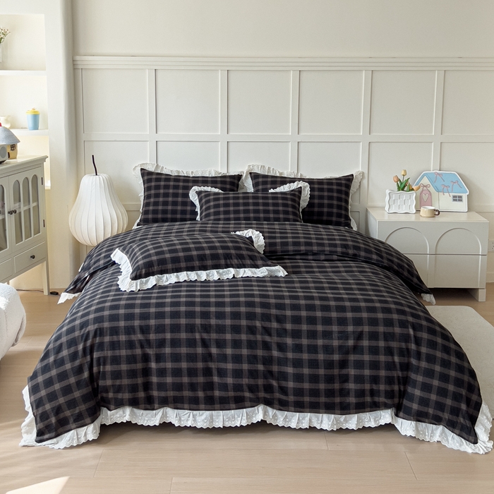 91家纺网 家纺一手货源 找家纺 （总）花香四季家纺 2026全棉色织水洗棉法式公主风花边床单款床笠款四件套