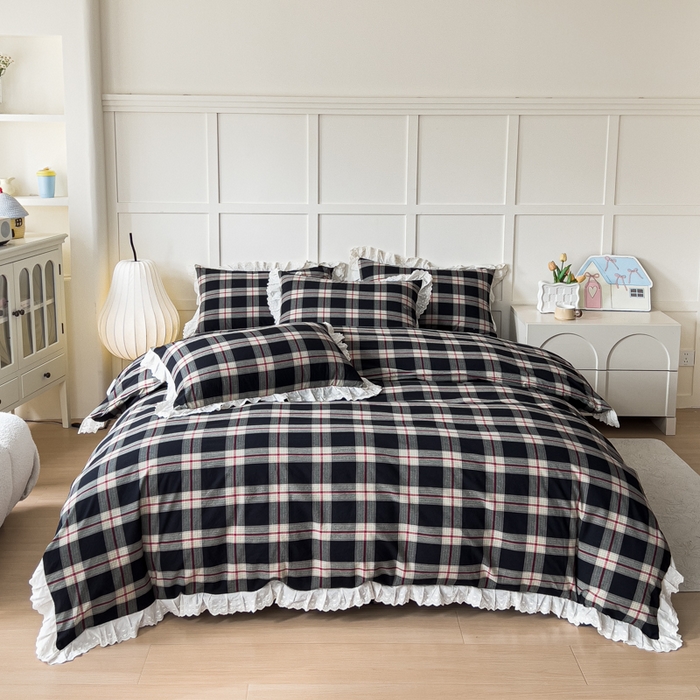 91家纺网 家纺一手货源 找家纺 （总）花香四季家纺 2026全棉色织水洗棉法式公主风花边床单款床笠款四件套