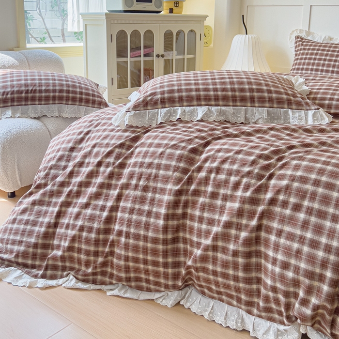 91家纺网 家纺一手货源 找家纺 花香四季家纺 2026全棉色织水洗棉法式公主风花边床单款床笠款四件套 初见咖