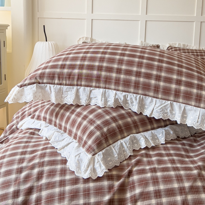 91家纺网 家纺一手货源 找家纺 花香四季家纺 2026全棉色织水洗棉法式公主风花边床单款床笠款四件套 初见咖