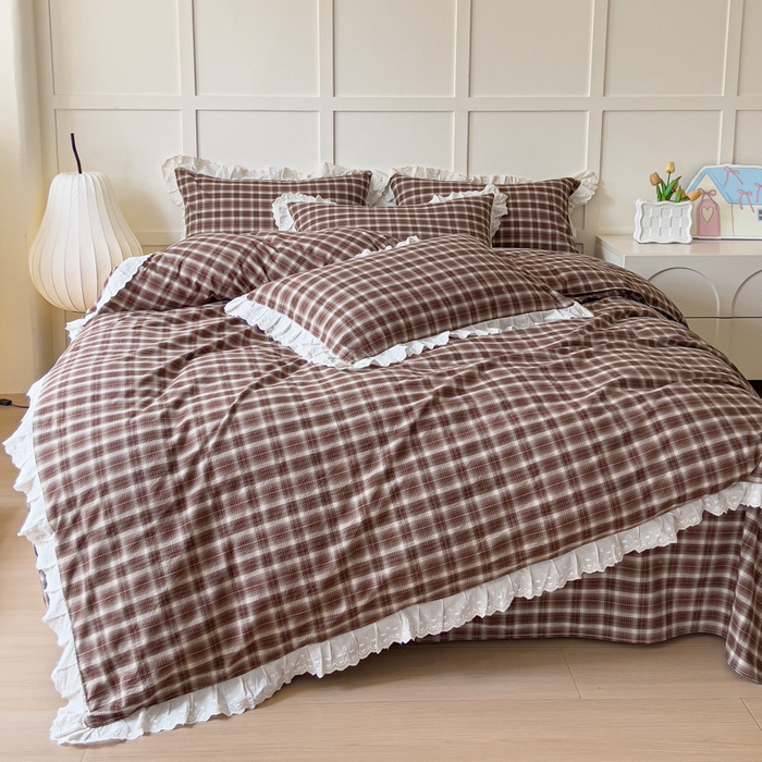 91家纺网 家纺一手货源 找家纺 花香四季家纺 2026全棉色织水洗棉法式公主风花边床单款床笠款四件套 初见咖