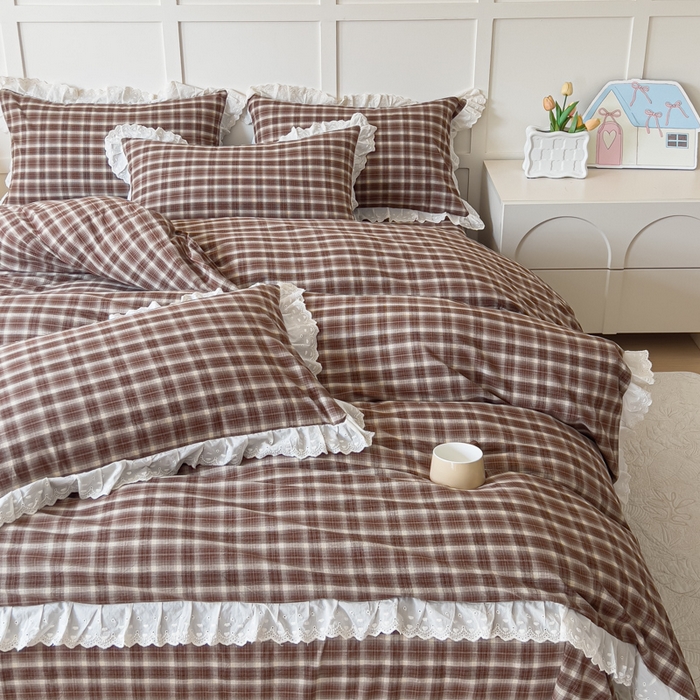 91家纺网 家纺一手货源 找家纺 花香四季家纺 2026全棉色织水洗棉法式公主风花边床单款床笠款四件套 初见咖