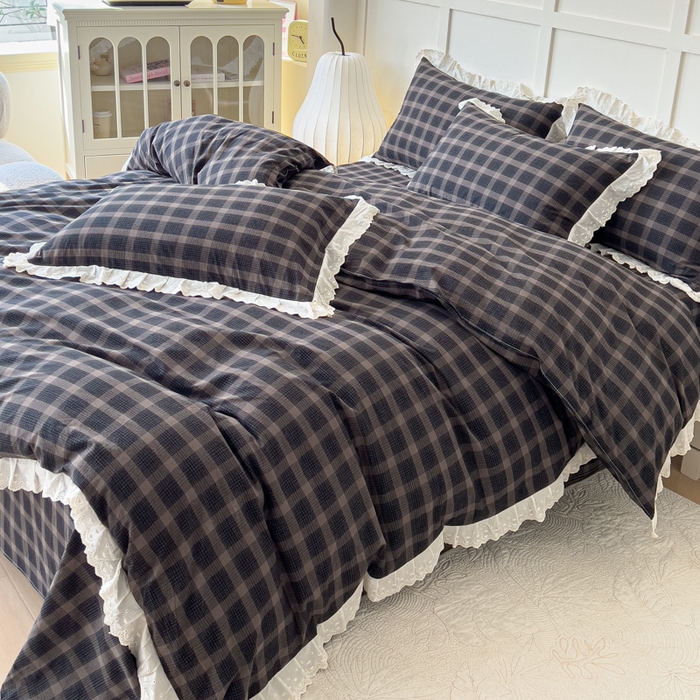 91家纺网 家纺一手货源 找家纺 花香四季家纺 2026全棉色织水洗棉法式公主风花边床单款床笠款四件套 高智黑