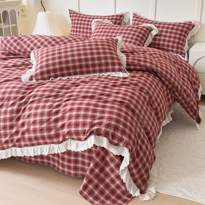 91家纺网 家纺一手货源 找家纺 花香四季家纺 2026全棉色织水洗棉法式公主风花边床单款床笠款四件套 米兰红