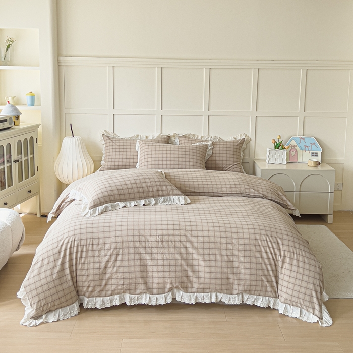 花香四季家纺 2026全棉色织水洗棉法式公主风花边床单款床笠款四件套 南初咖