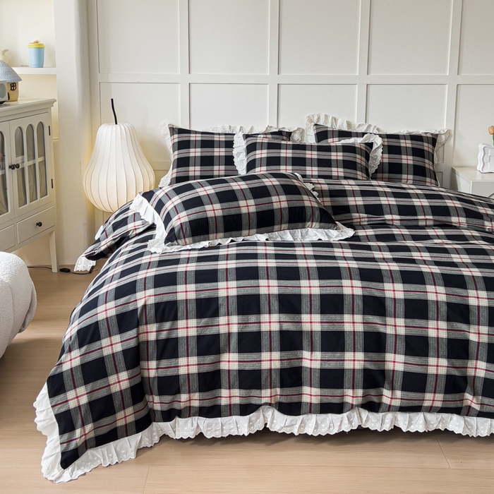 91家纺网 家纺一手货源 找家纺 花香四季家纺 2026全棉色织水洗棉法式公主风花边床单款床笠款四件套 云漫黑