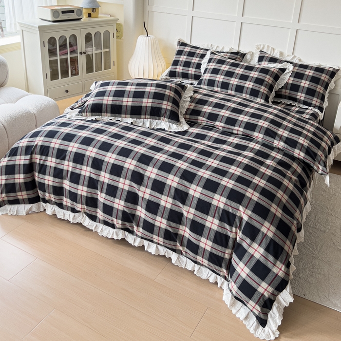 91家纺网 家纺一手货源 找家纺 花香四季家纺 2026全棉色织水洗棉法式公主风花边床单款床笠款四件套 云漫黑