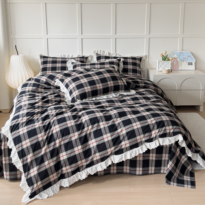 91家纺网 家纺一手货源 找家纺 花香四季家纺 2026全棉色织水洗棉法式公主风花边床单款床笠款四件套 云漫黑