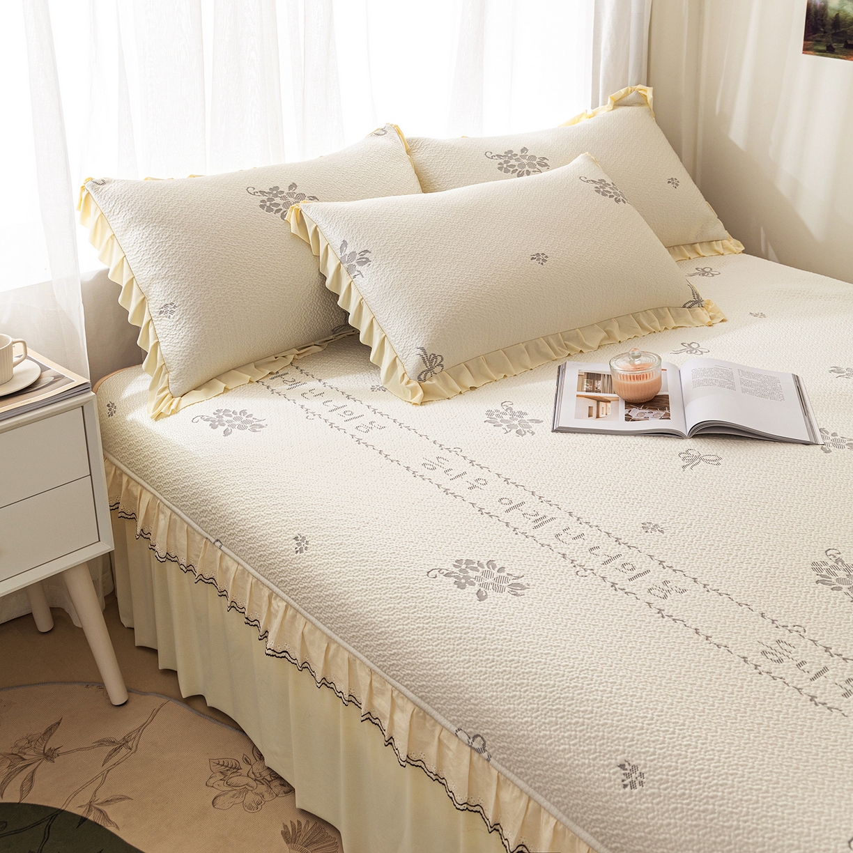 美优兰 2026新款PE提花凉感冰豆豆三明治复合榻榻米垫 韩式米白