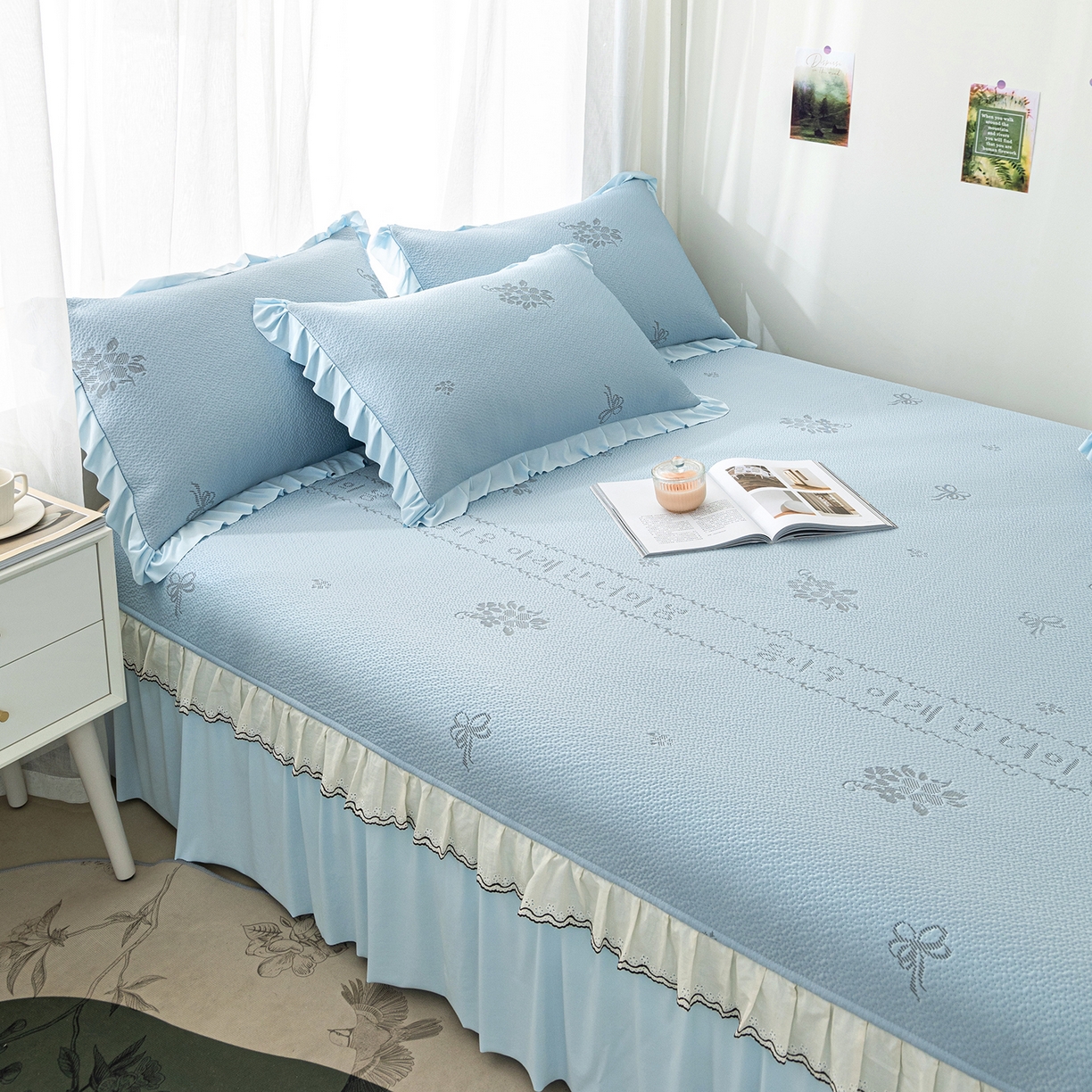 美优兰 2026新款PE提花凉感冰豆豆三明治复合榻榻米垫 韩式蓝