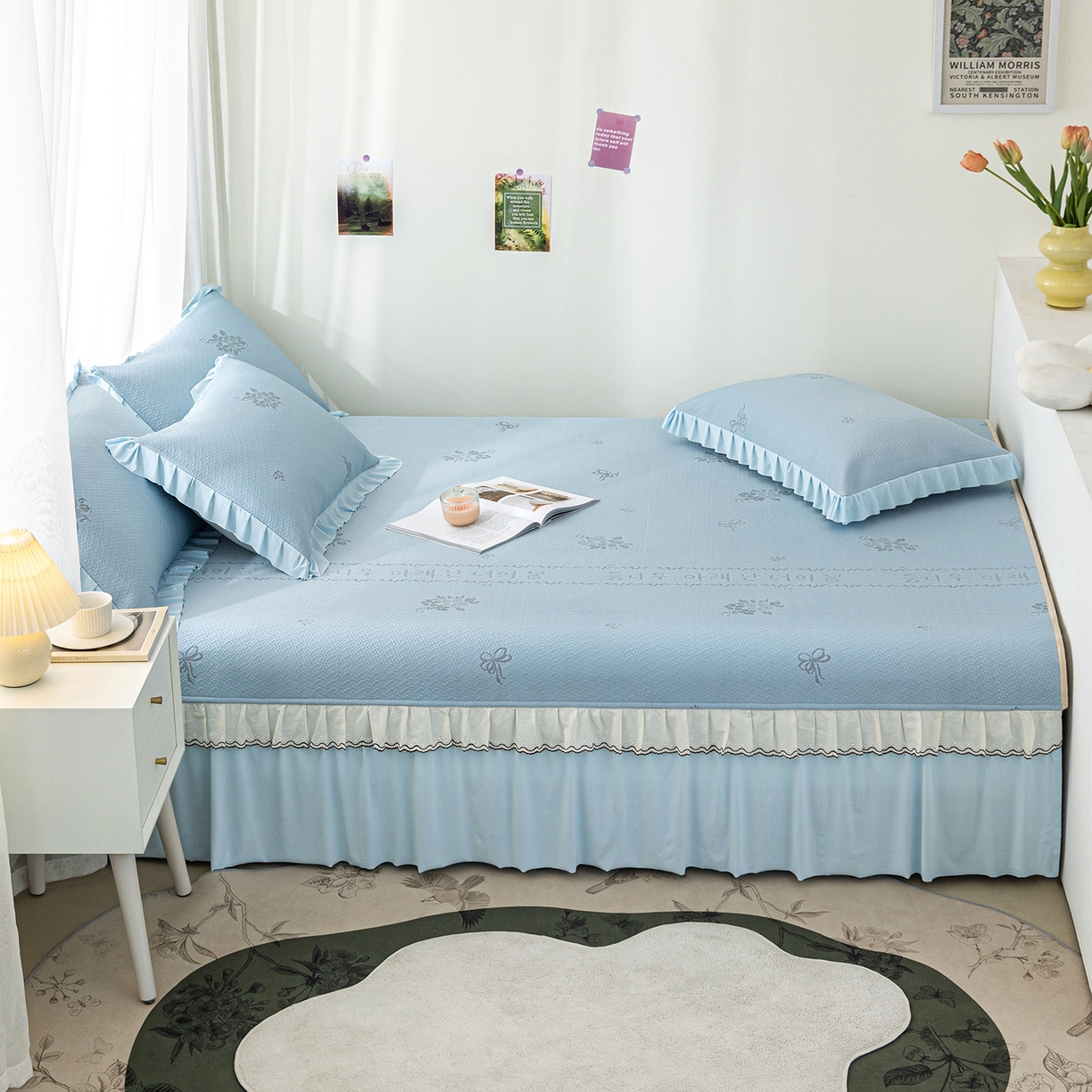 91家纺网 家纺一手货源 找家纺 美优兰 2026新款PE提花凉感冰豆豆三明治复合榻榻米垫 韩式蓝