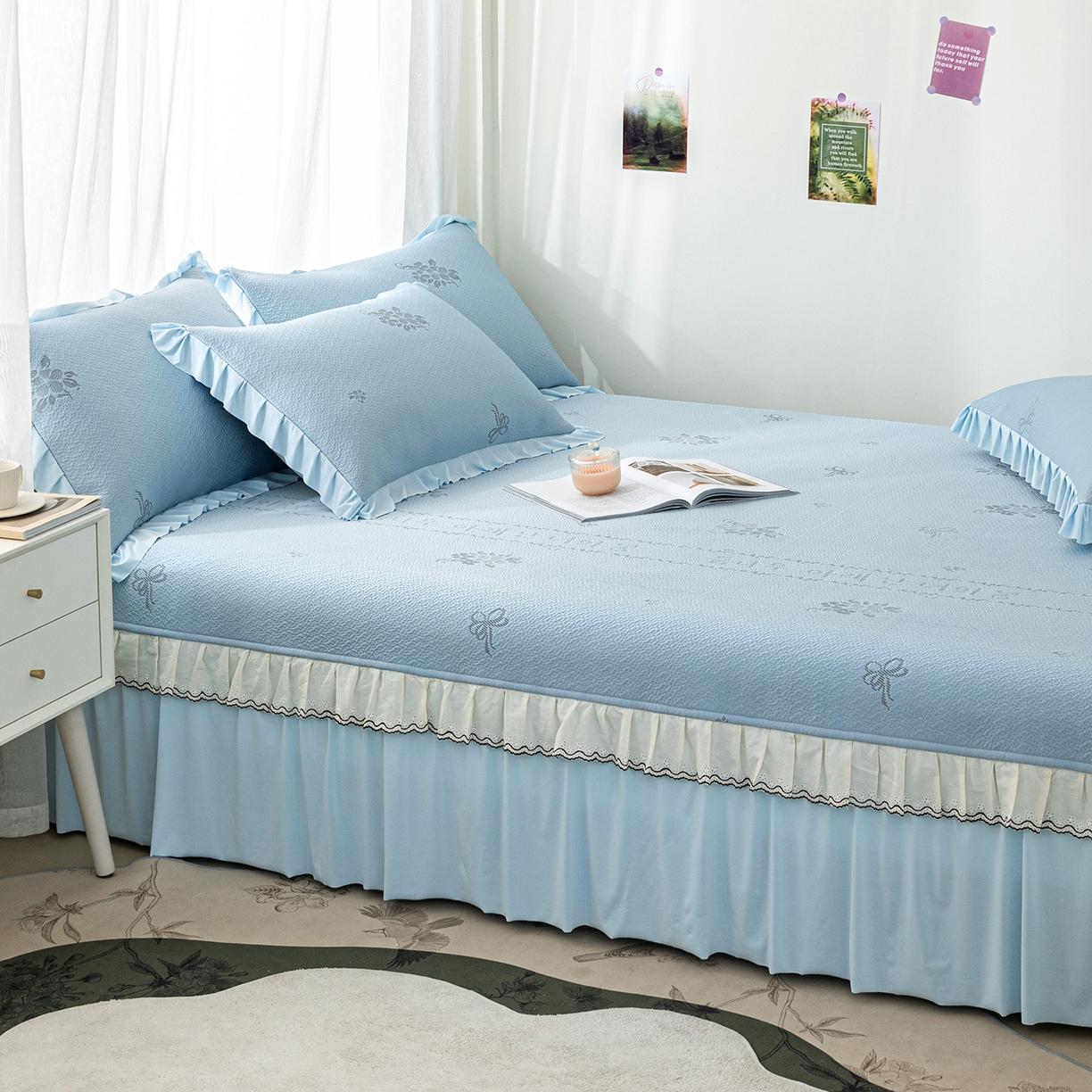 91家纺网 家纺一手货源 找家纺 美优兰 2026新款PE提花凉感冰豆豆三明治复合榻榻米垫 韩式蓝