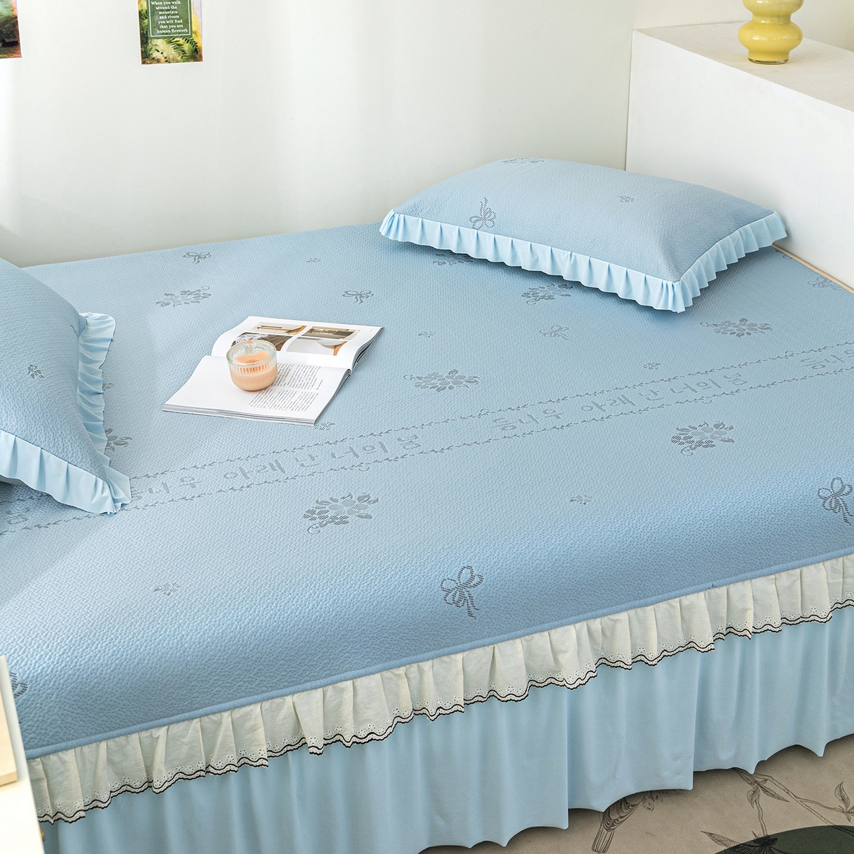 91家纺网 家纺一手货源 找家纺 美优兰 2026新款PE提花凉感冰豆豆三明治复合榻榻米垫 韩式蓝