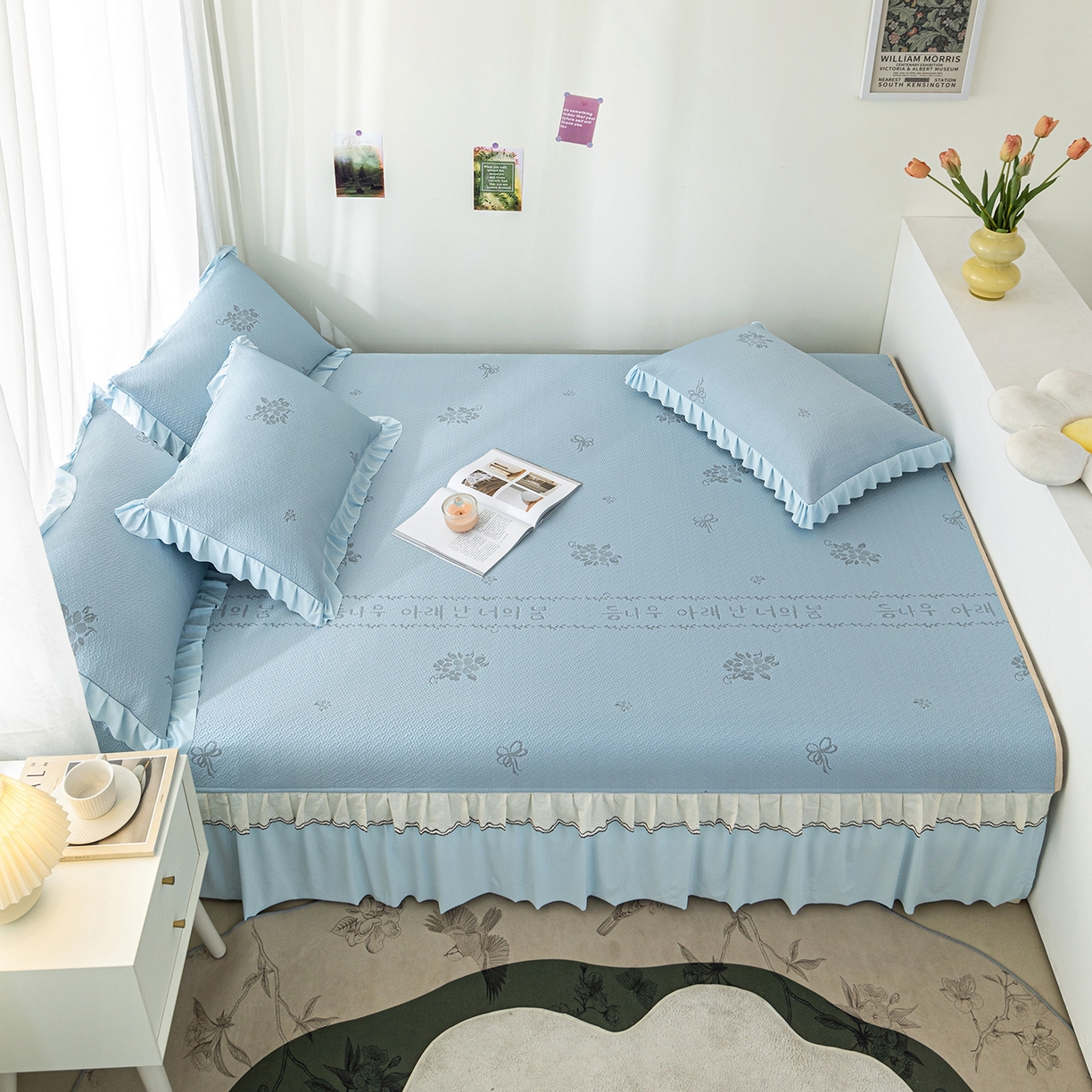 91家纺网 家纺一手货源 找家纺 美优兰 2026新款PE提花凉感冰豆豆三明治复合榻榻米垫 韩式蓝