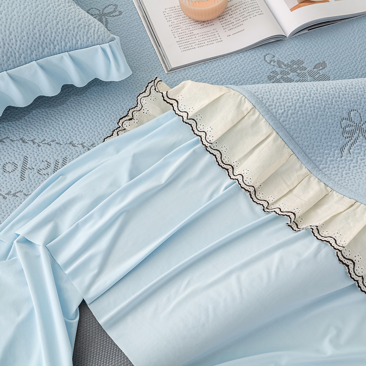 91家纺网 家纺一手货源 找家纺 美优兰 2026新款PE提花凉感冰豆豆三明治复合榻榻米垫 韩式蓝