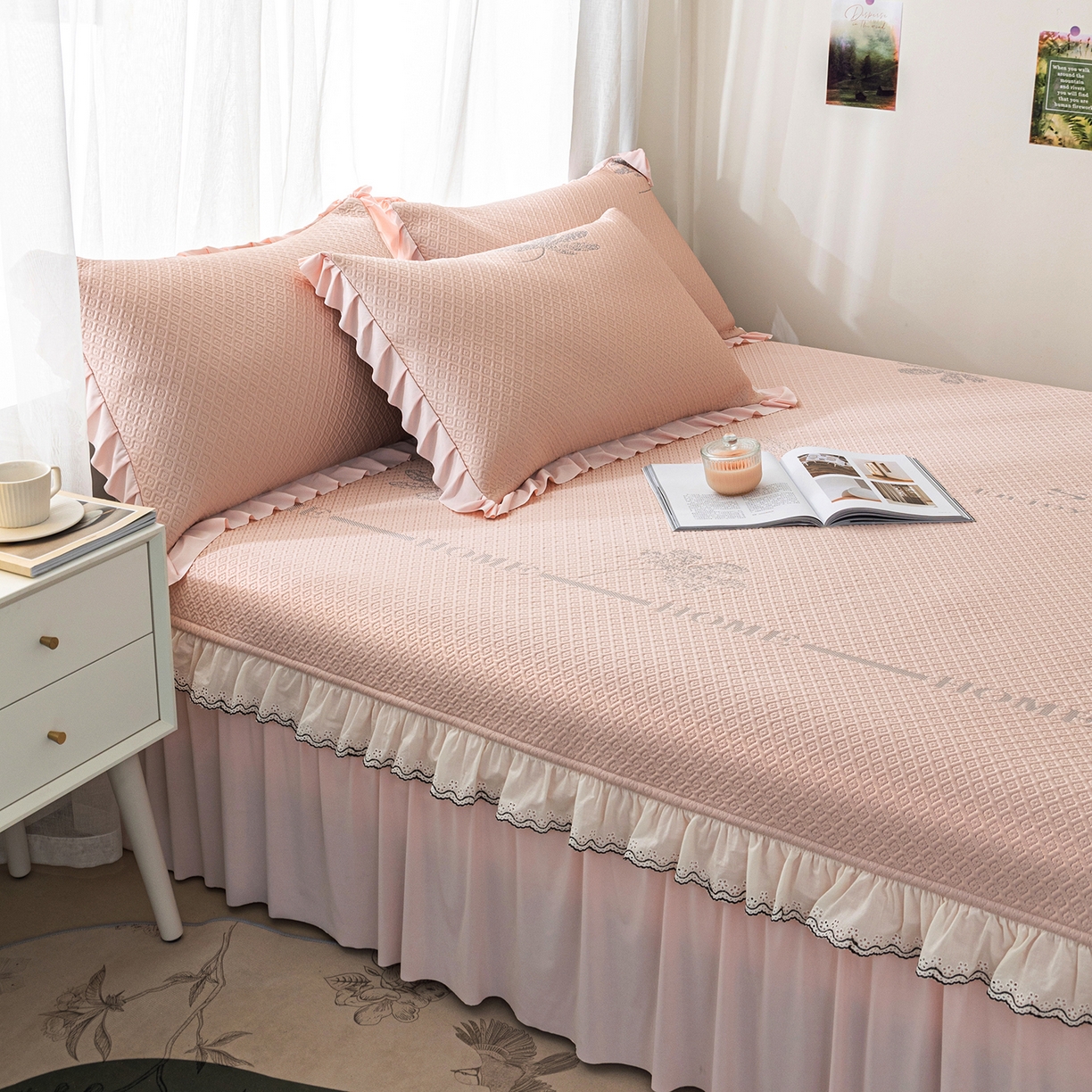 美优兰 2026新款PE提花凉感冰豆豆三明治复合榻榻米垫 晚亭粉