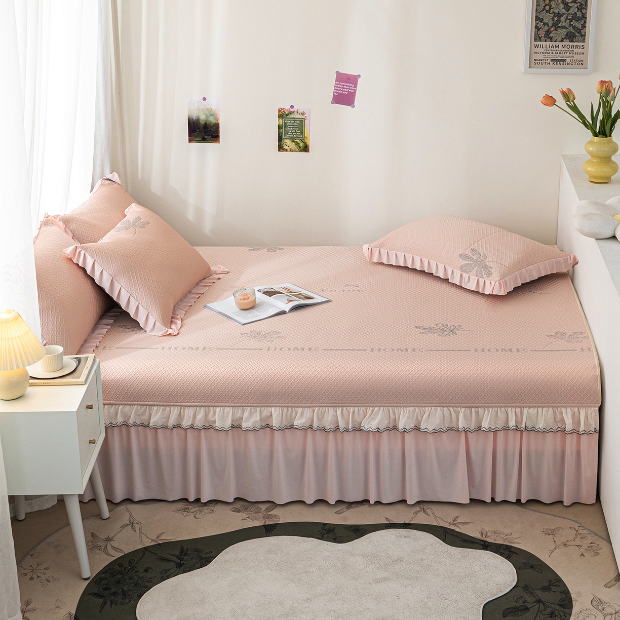 91家纺网 家纺一手货源 找家纺 美优兰 2026新款PE提花凉感冰豆豆三明治复合榻榻米垫 晚亭粉