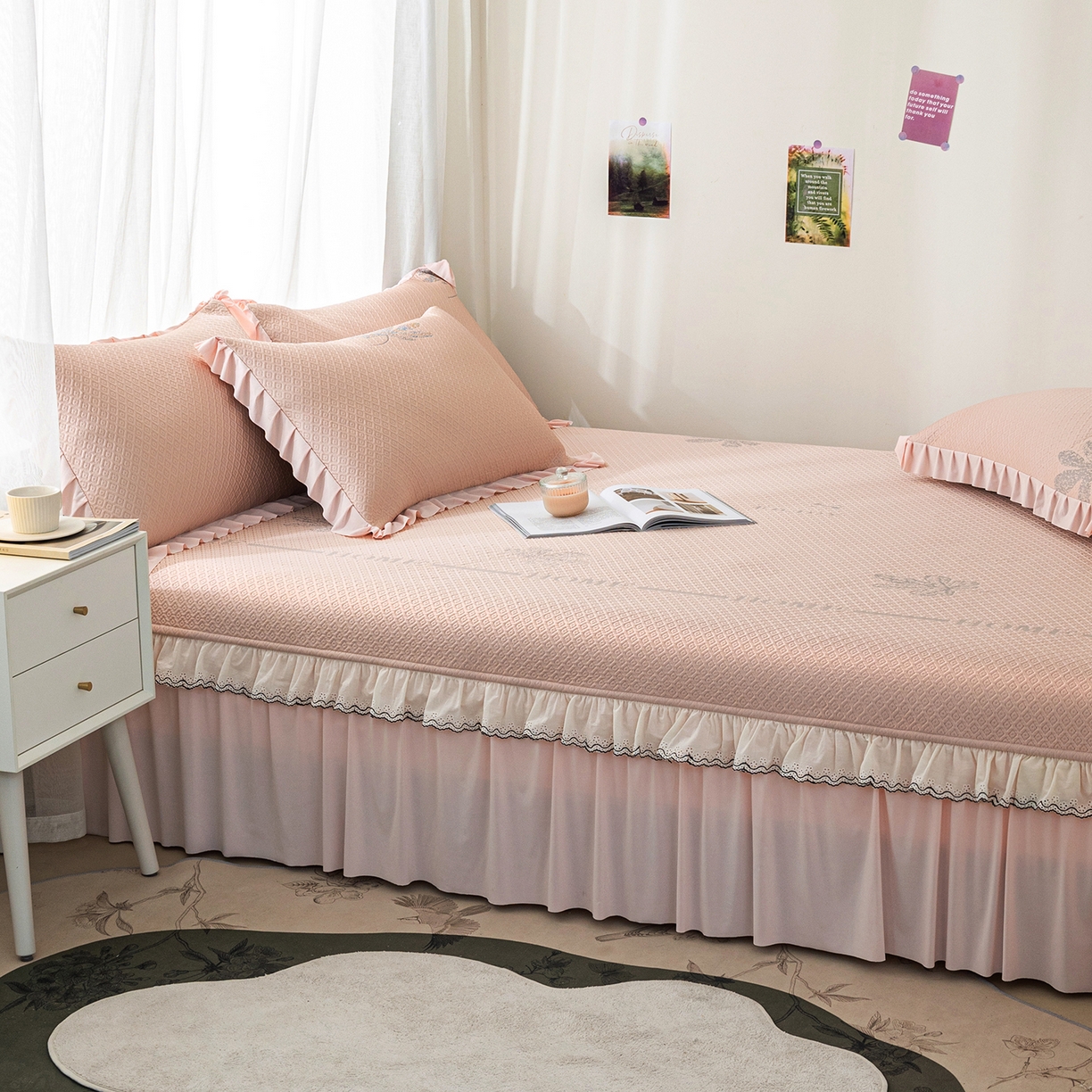 91家纺网 家纺一手货源 找家纺 美优兰 2026新款PE提花凉感冰豆豆三明治复合榻榻米垫 晚亭粉